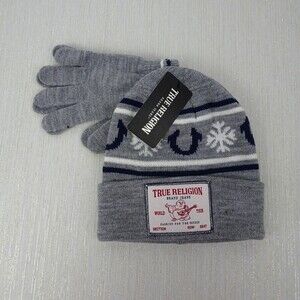 TRUE RELIGION Kid's Beanie & Gloves 2-PC Set Logo Buddha Gray Boy's Girls Unisex